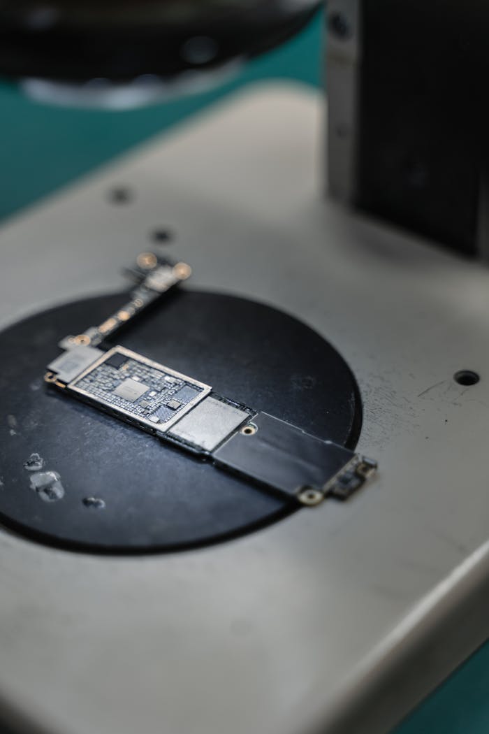 Detailed image of a smartphone motherboard being repaired on a workbench, showcasing electronic components.